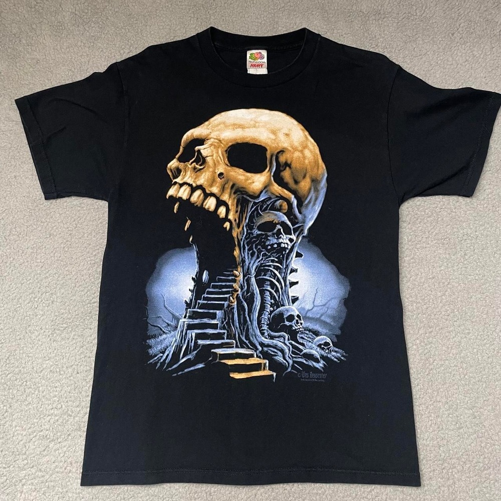 Fruit of the Loom Graphic T-Shirt Mens M Black Wes Benscoter Skull Y2K Gothic